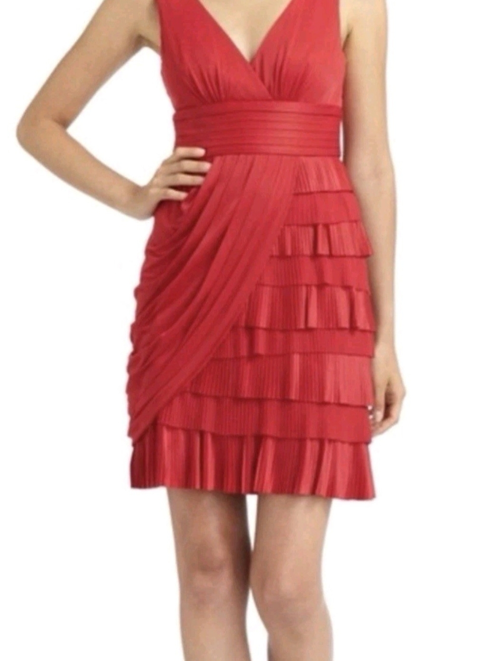 BCBG MaxAzria June Red Plunging V-Neck Pleated Tiered Mini Dress, Waistband Sz:4